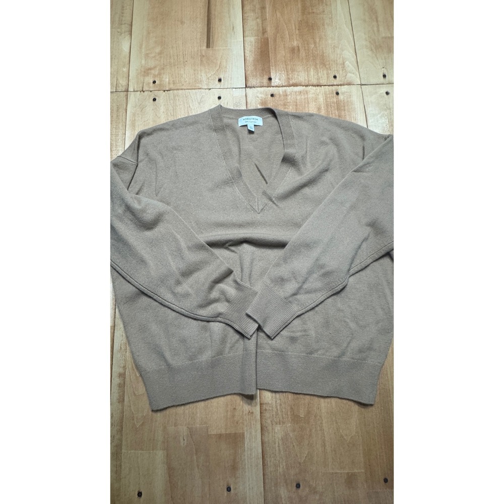 Nordstrom Womens 100% Cashmere V-Neck Sweater Tan Camel Brown Sizeβ L